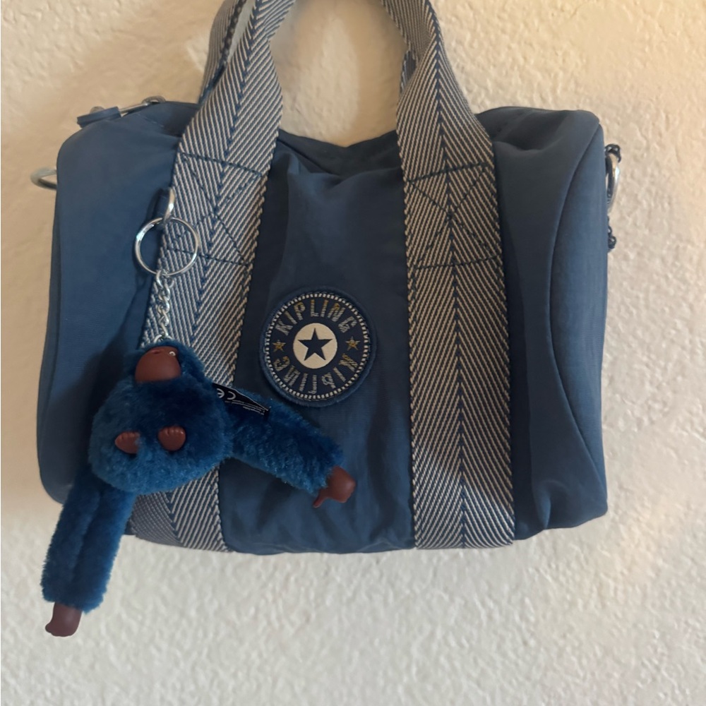 Kipling Blue Tote with Monkey Charm
